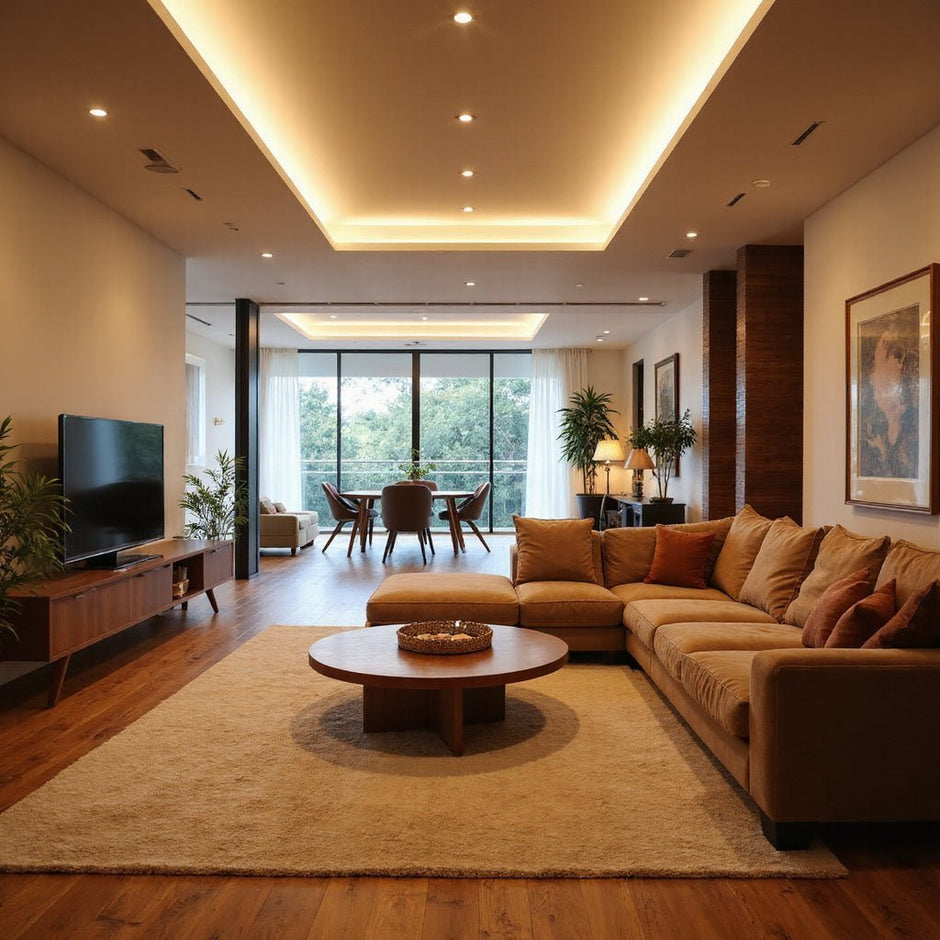 Modern living room with recessed ceiling lights