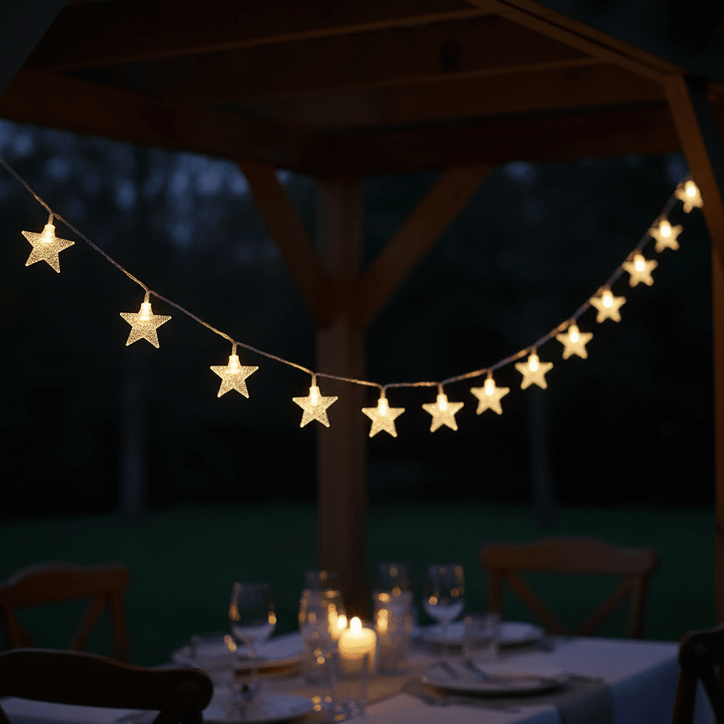 Battery-operated star Christmas string lights illuminating an outdoor gazebo dining area at dusk
