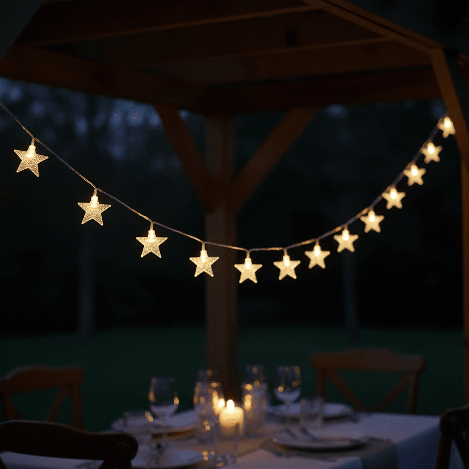 Battery-operated star Christmas string lights illuminating an outdoor gazebo dining area at dusk