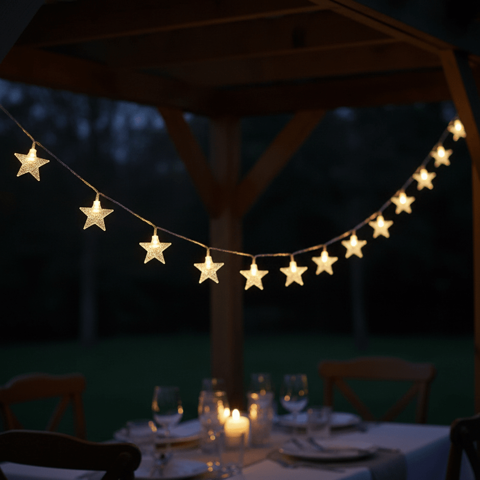 Battery-operated star Christmas string lights illuminating an outdoor gazebo dining area at dusk