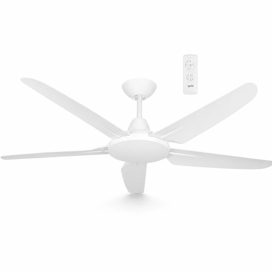 White five-blade ceiling fan with remote control