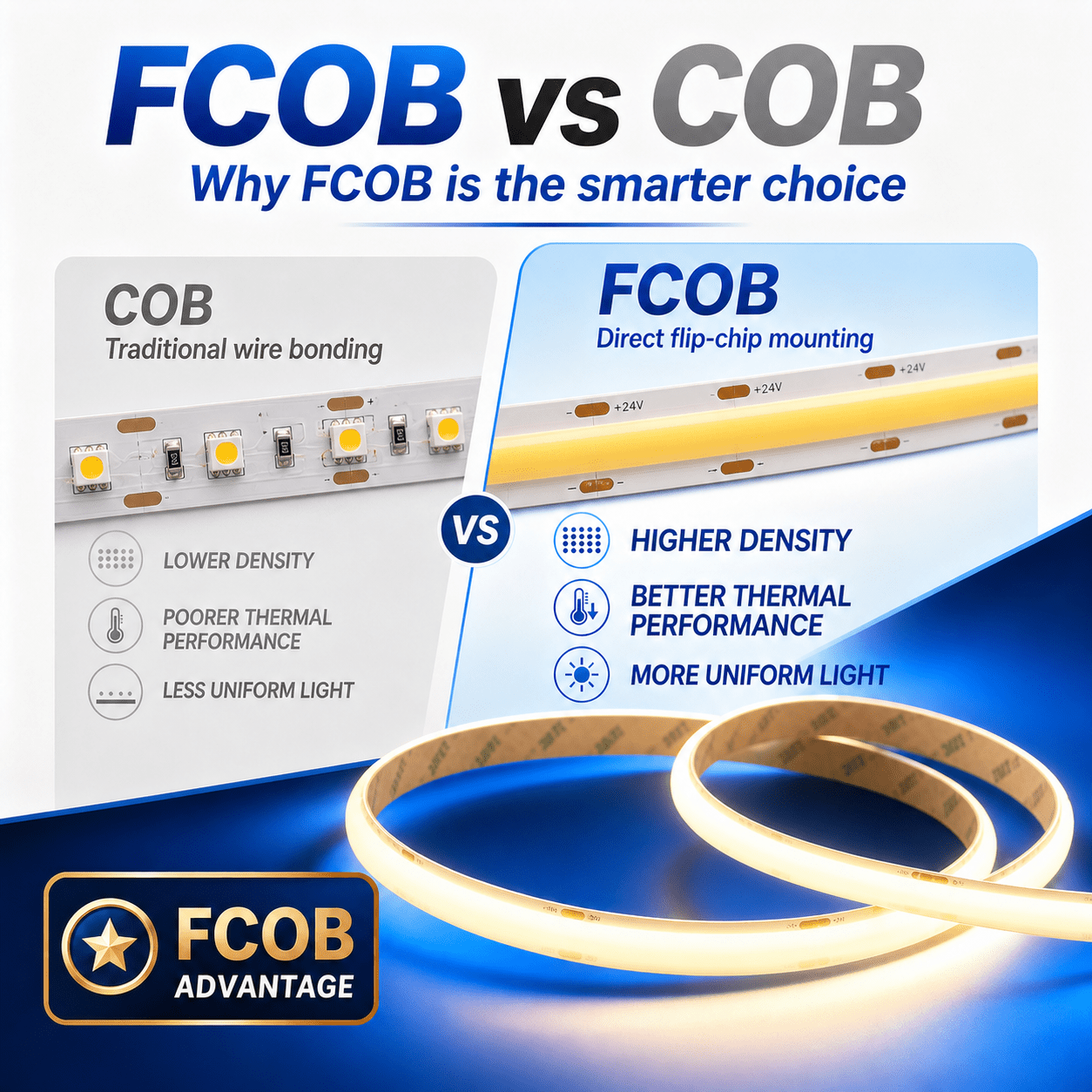 FCOB and COB LED strip comparison graphic with a continuous-looking warm light line