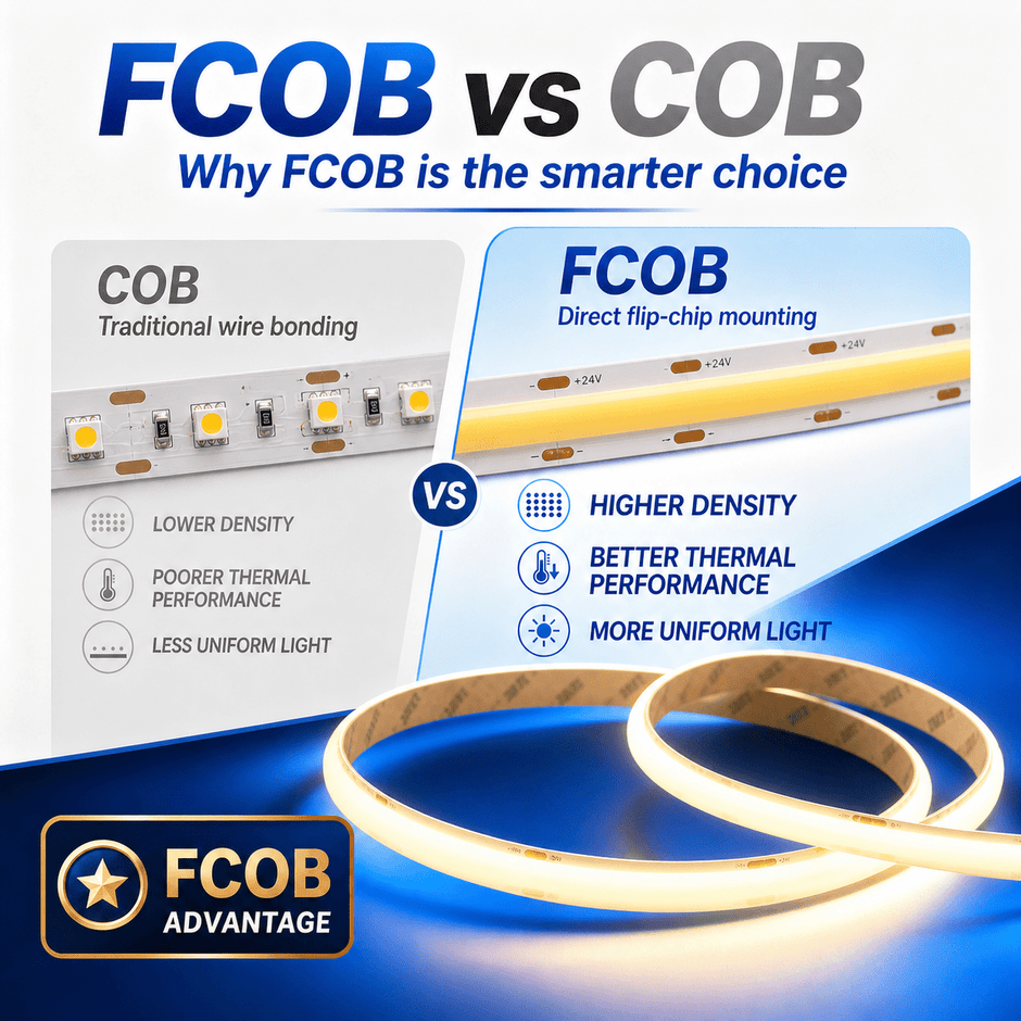 FCOB and COB LED strip comparison graphic with a continuous-looking warm light line