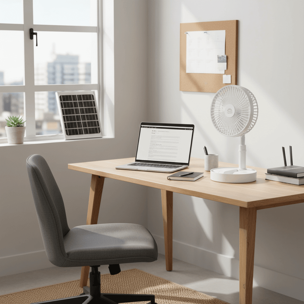 Rechargeable portable folding solar fan on a home office desk beside a laptop and solar panel