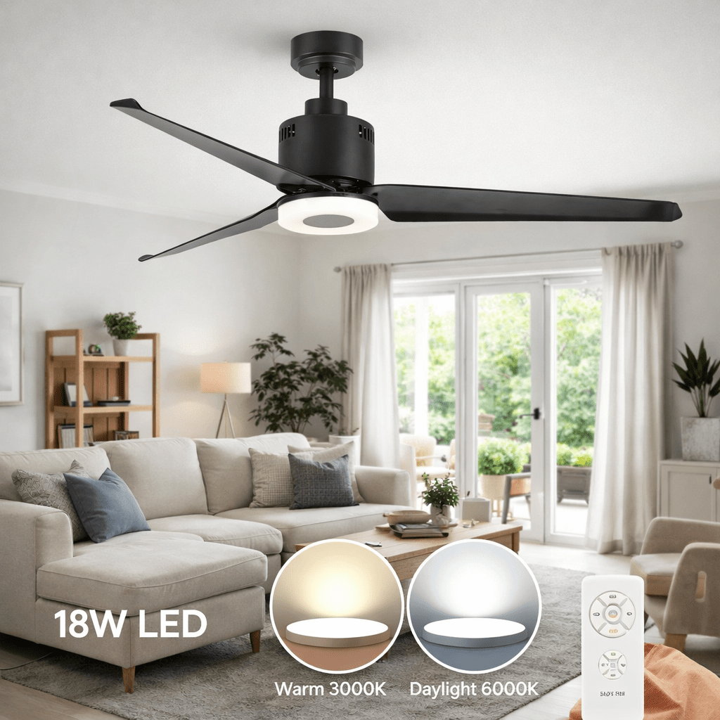 Matt black three-blade ceiling fan with integrated LED light