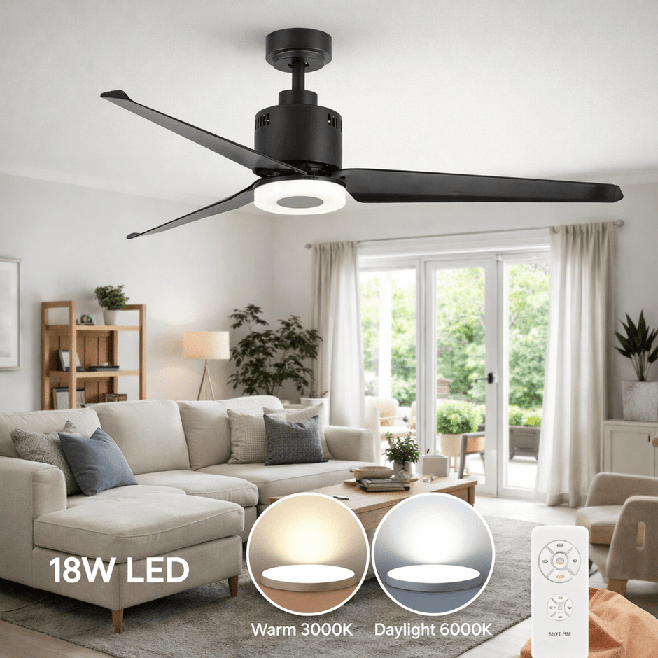 Matt black three-blade ceiling fan with integrated LED light
