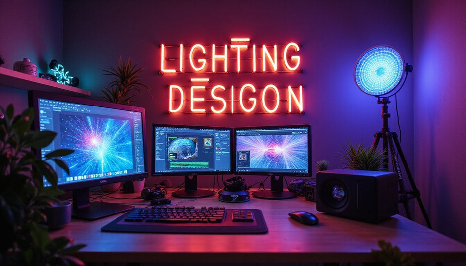 Lighting design software workspace with computer screens showing lighting visualisation