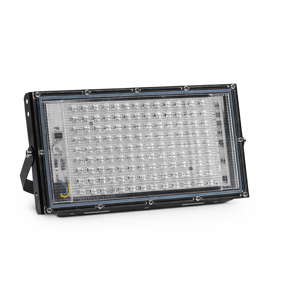 100W UVA LED Floodlight with a durable black housing and clear lens, showcasing multiple LED bulbs.