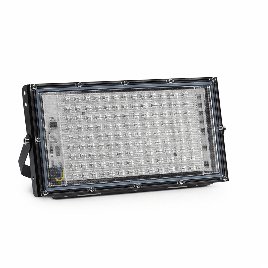 100W UVA LED Floodlight with a durable black housing and clear lens, showcasing multiple LED bulbs.