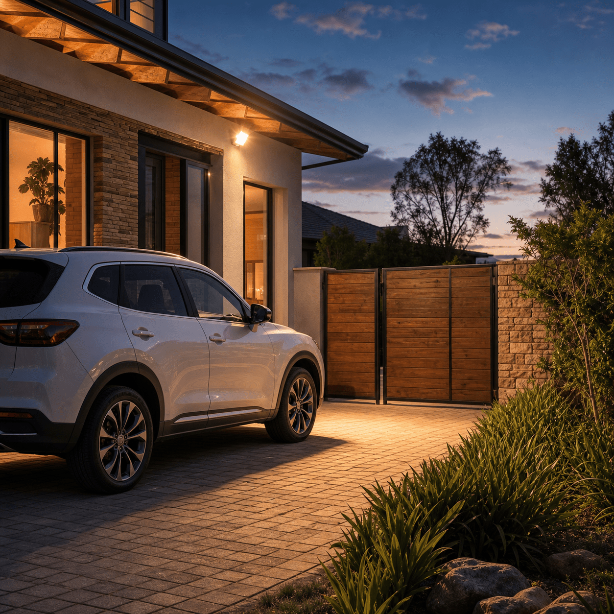 South African family home driveway at dusk with a motion sensor floodlight, realistic lifestyle scene, warm security lighting, editorial outdoor composition