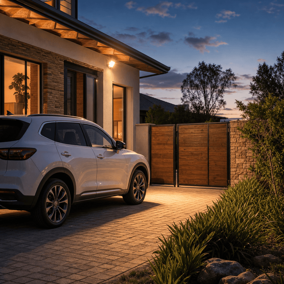 South African family home driveway at dusk with a motion sensor floodlight, realistic lifestyle scene, warm security lighting, editorial outdoor composition