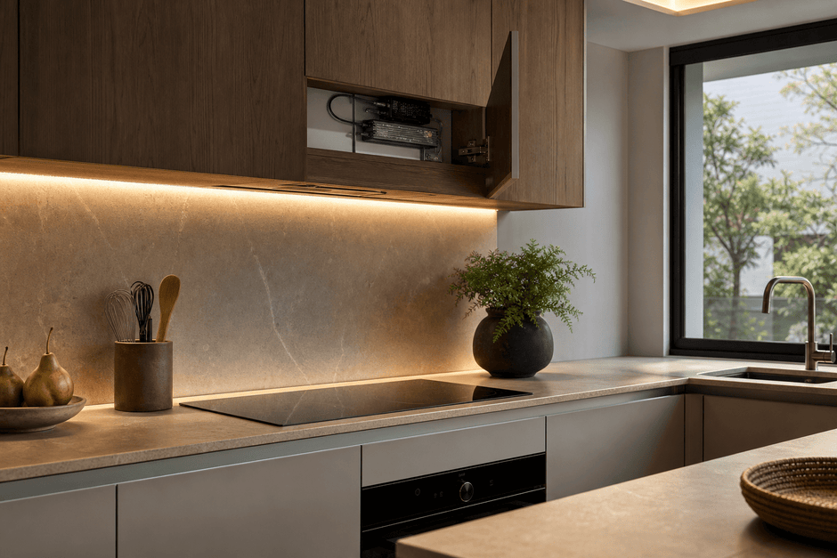 Modern kitchen with warm under-cabinet LED strip lighting and a discreet power supply