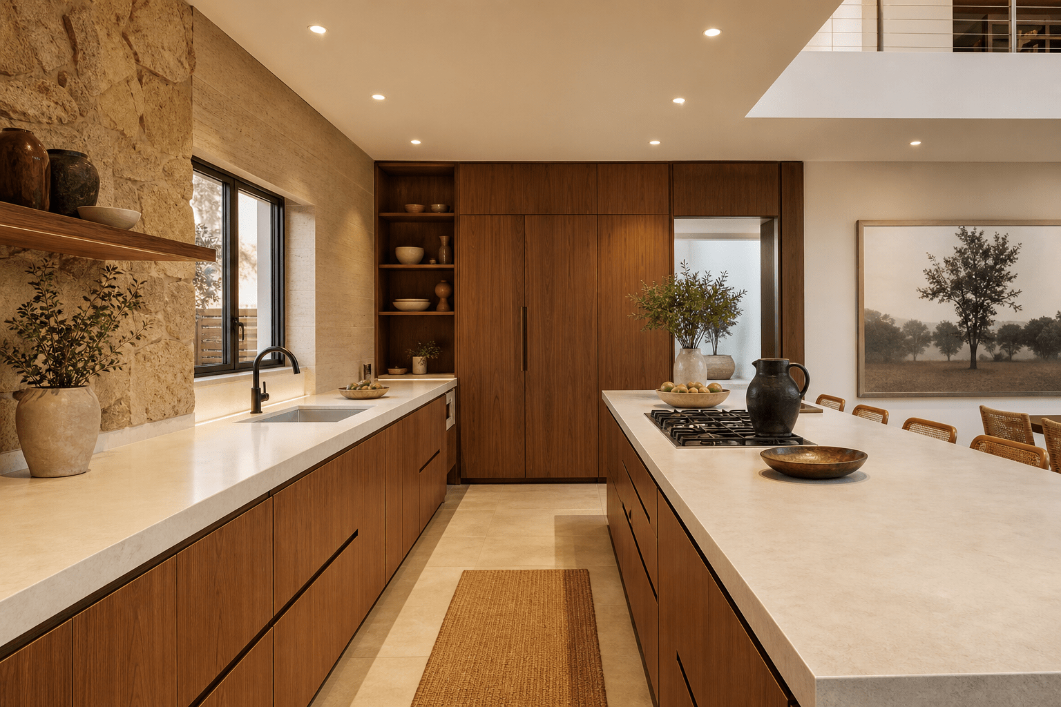 Modern kitchen ceiling with recessed downlights over a white countertop