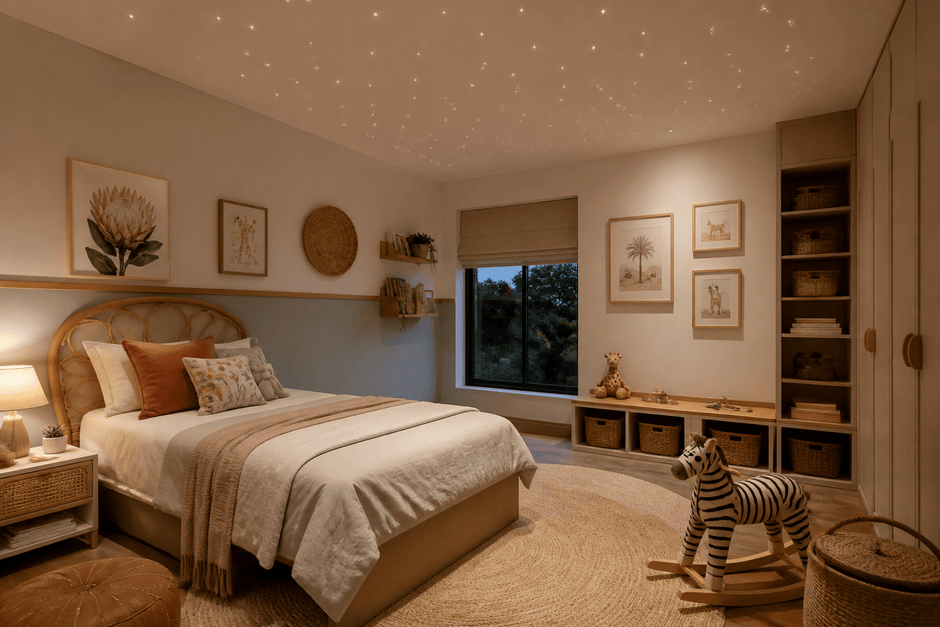 Gentle fibre optic star ceiling lighting in a child’s bedroom