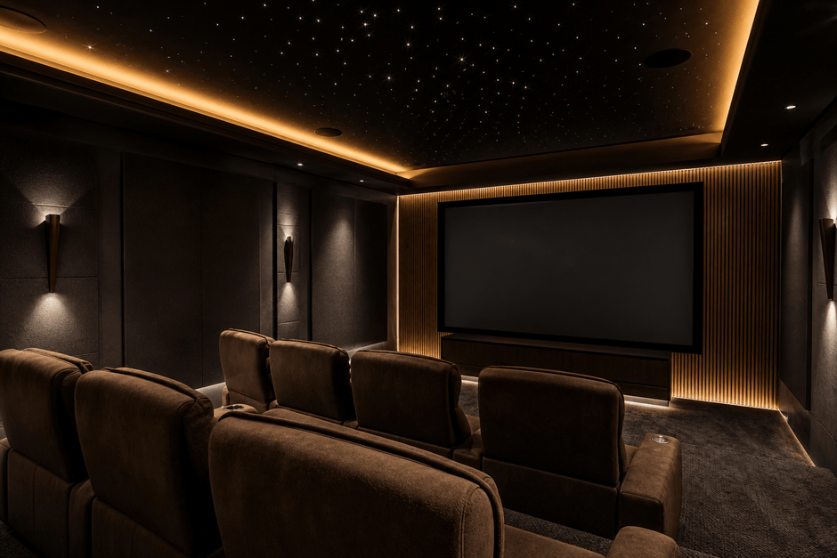Fibre optic star ceiling lighting in a home cinema