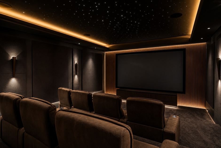 Fibre optic star ceiling lighting in a home cinema
