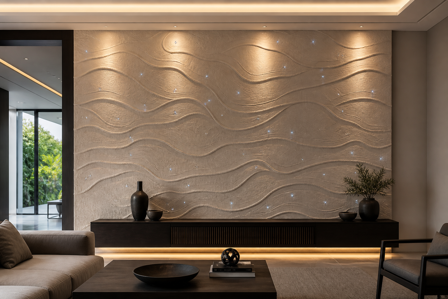 Fibre optic star lighting in a contemporary wall panel feature