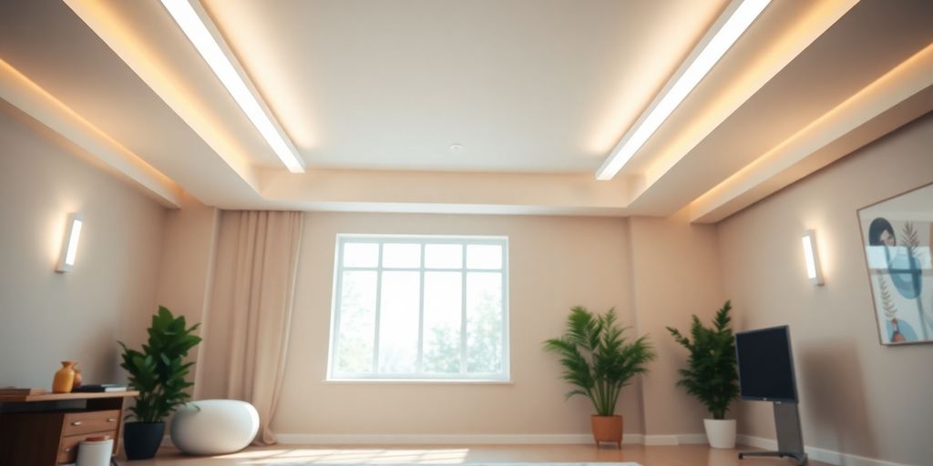 Bright room with modern LED light tubes illuminating space.