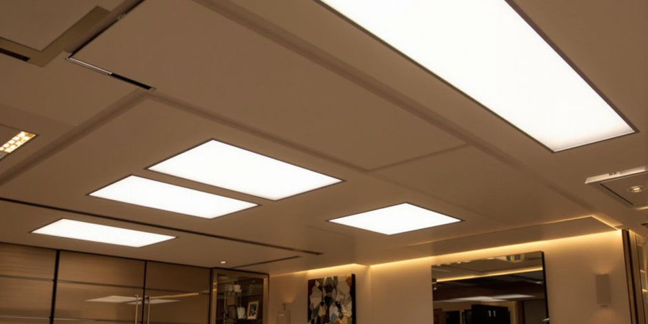 Modern interior with flat panel LED lights illuminating space.