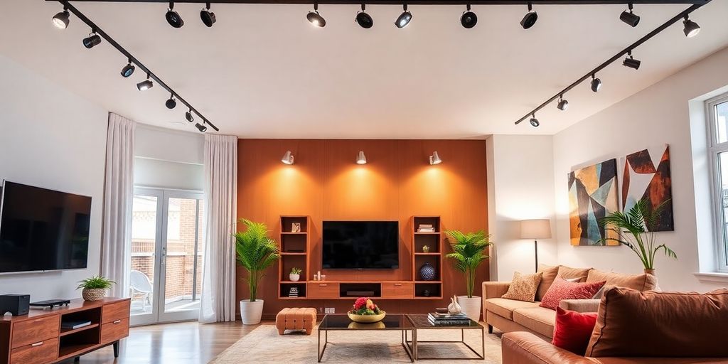 Modern room with stylish track lighting illuminating space.