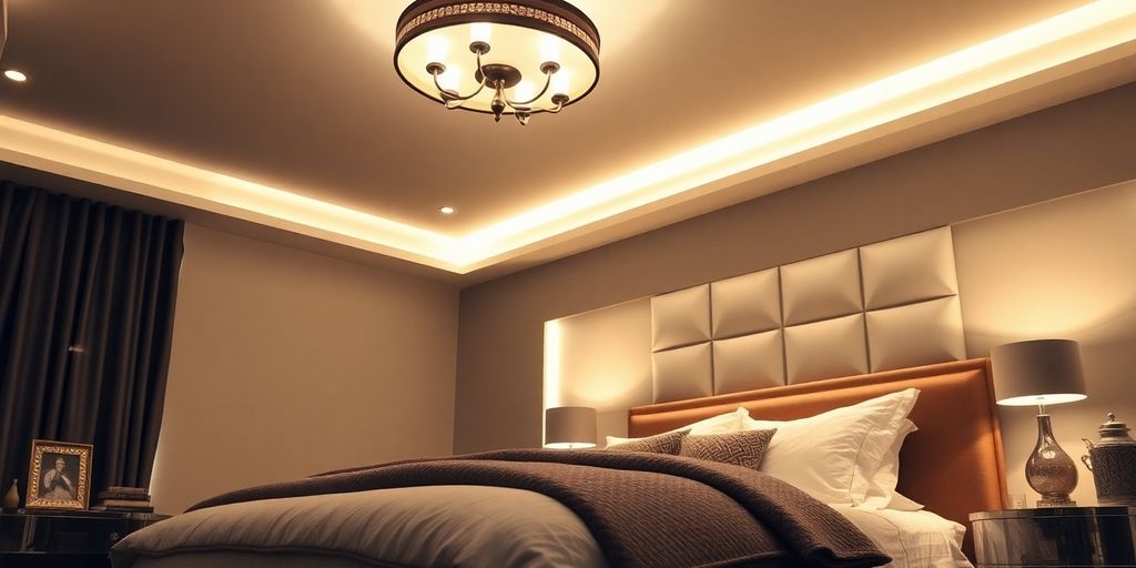 Elegant bedroom with warm ceiling lights illuminating space.