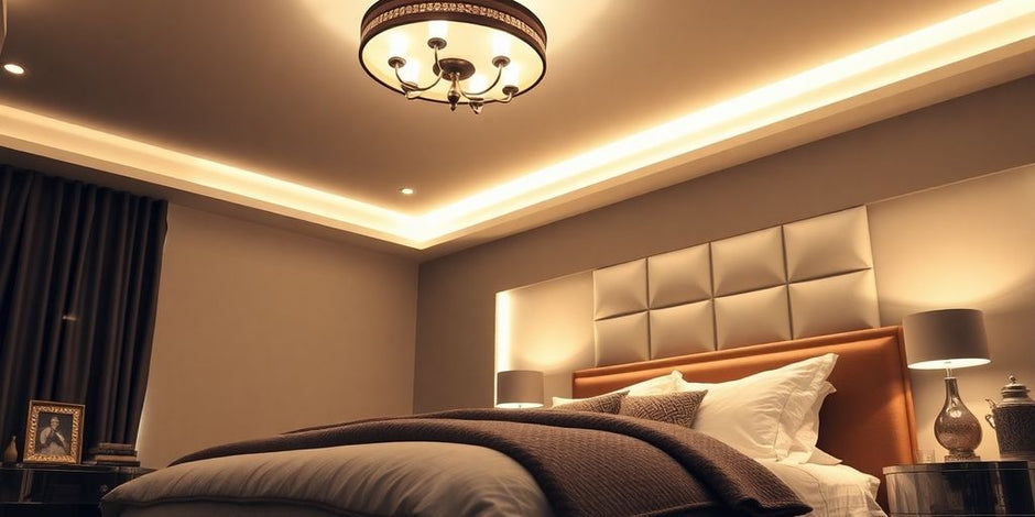 Elegant bedroom with warm ceiling lights illuminating space.