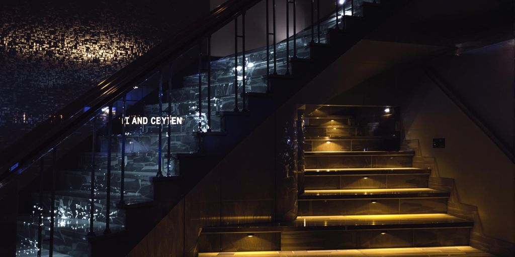 Illuminated staircase with creative safety lighting options.