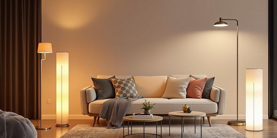 Various floor lamps in a modern living room setting.