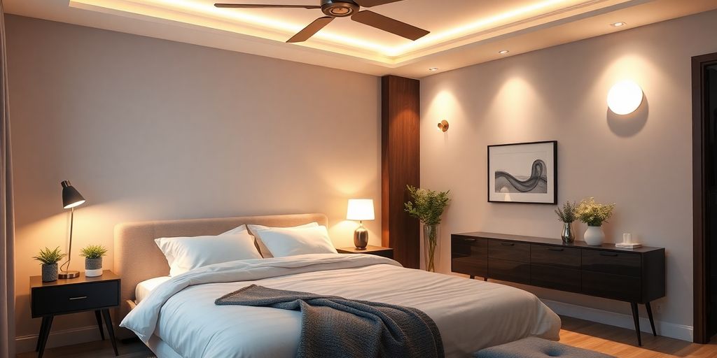 Stylish bedroom with innovative LED lighting designs.