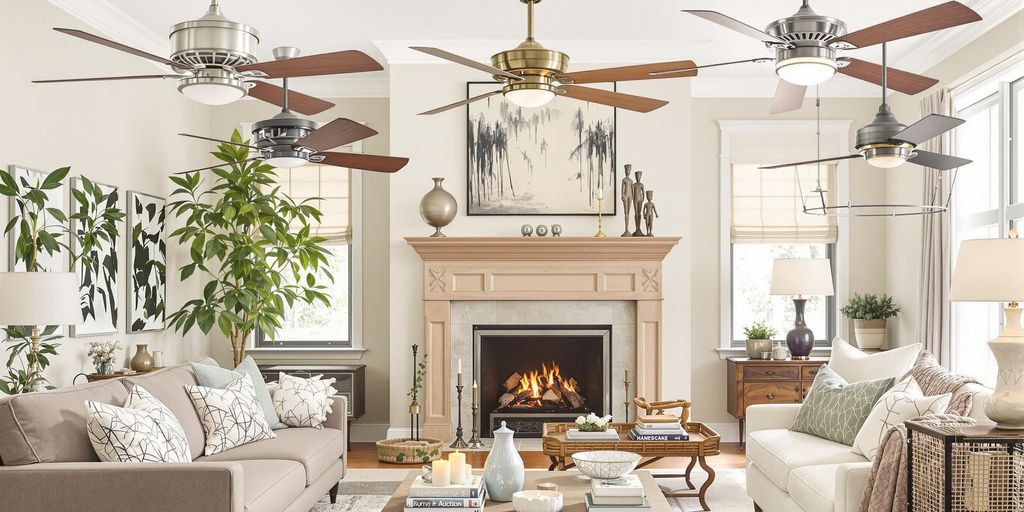 Various ceiling fans in a stylish living room setting.