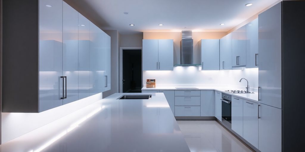 Modern kitchen with bright LED lighting solutions.