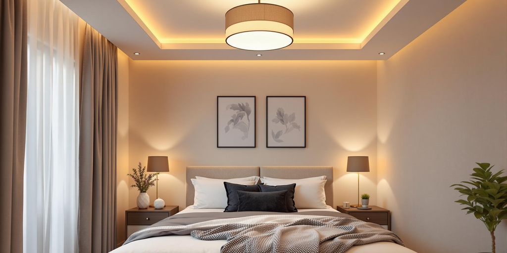Modern ceiling light in a stylish bedroom setting.