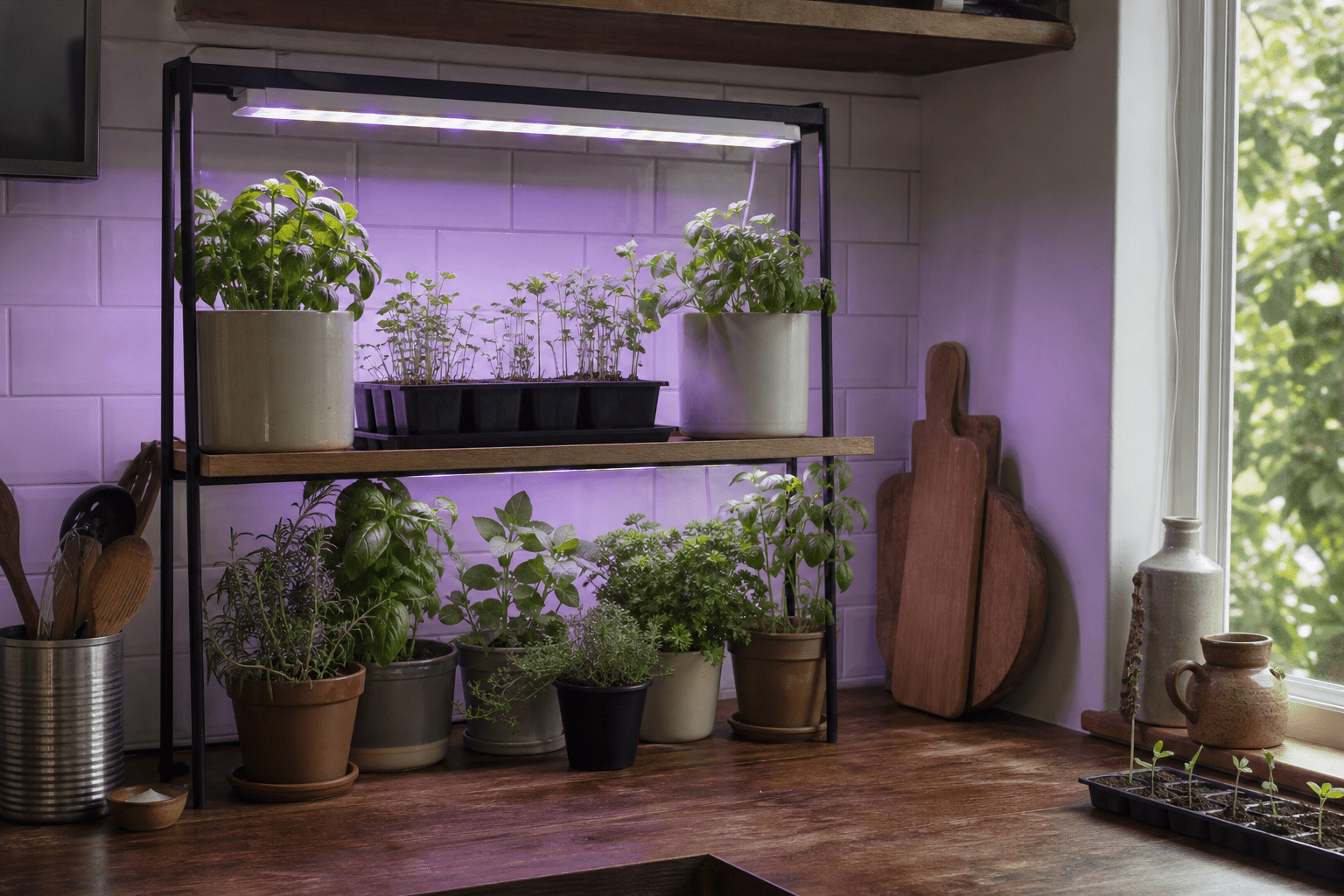 Indoor herbs and seedlings under a compact grow light in a South African home