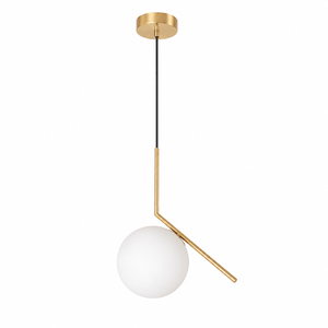 Satin gold branch pendant light with opal white glass globe, modern design for indoor use.