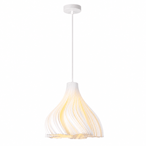 Pendant light with a white and yellow shade on a white background