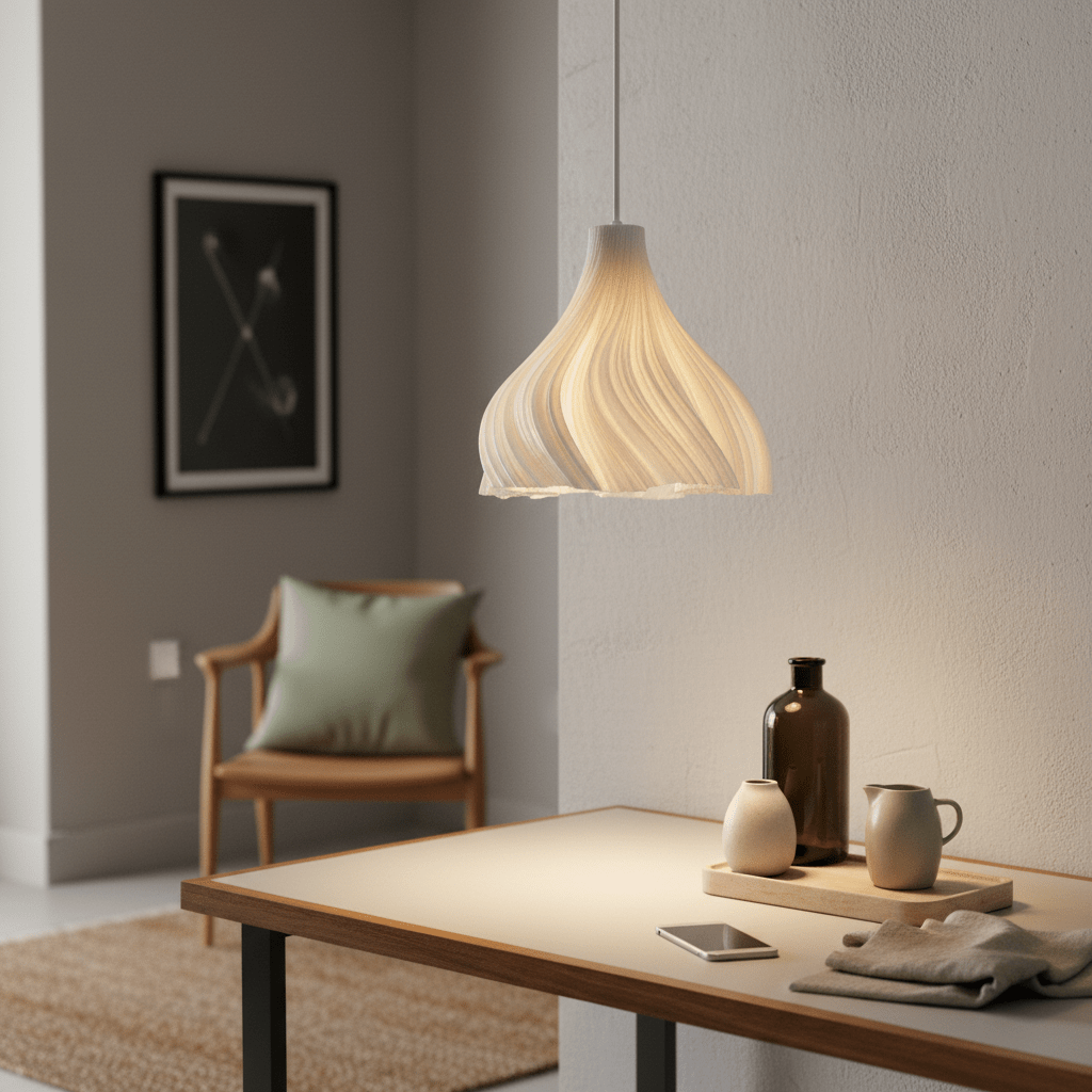 Stylish white pendant light hanging above a modern table with decorative items and a cozy chair.