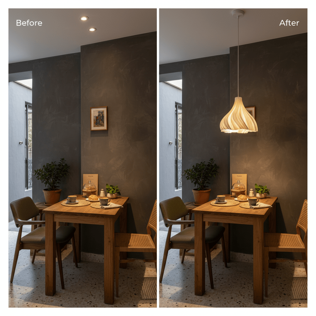 Before and after comparison of a dining area with a pendant light, showcasing improved ambiance.