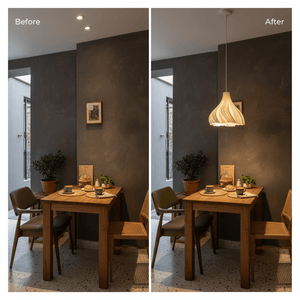 Before and after comparison of a dining area with a pendant light, showcasing improved ambiance.