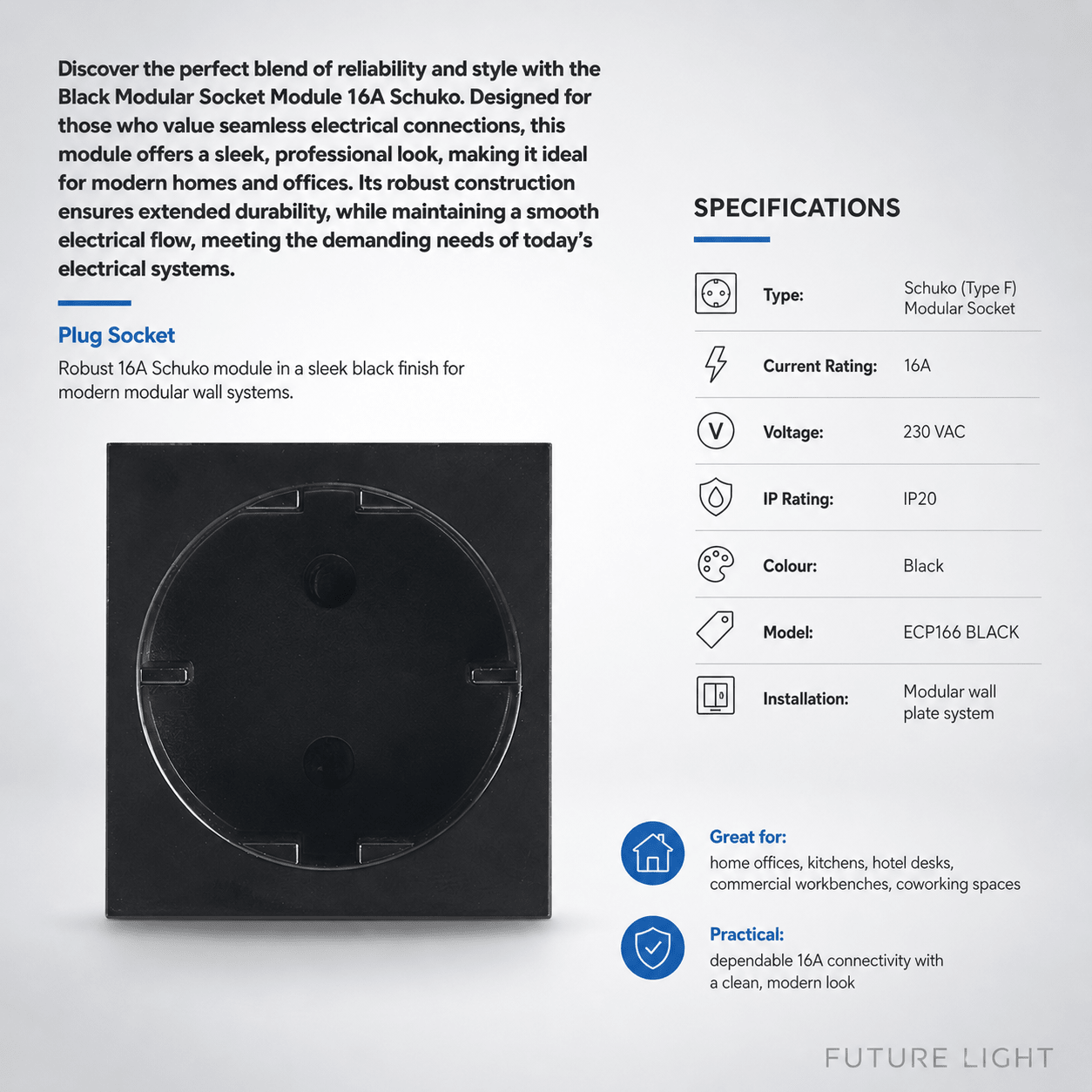 Black Modular Socket Module 16A Schuko - ECP Range