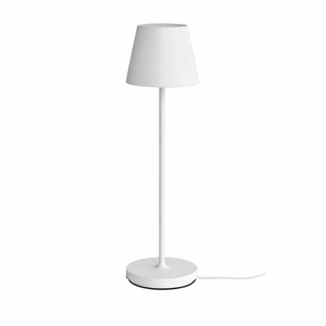 White floor lamp with a white shade on a white background