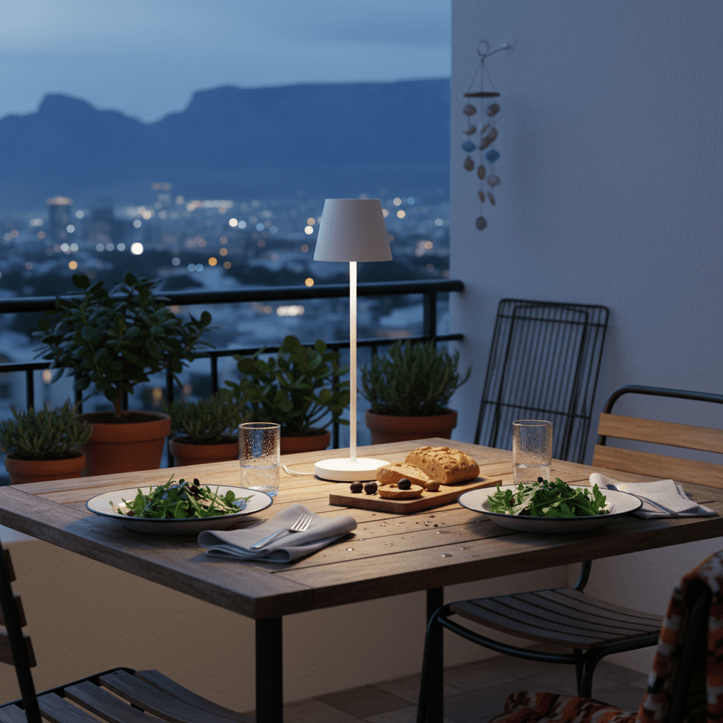 Table lamp placement in a Cape Town bedroom, realistic bedside lamp on oak side table, warm 3000K ambience, soft linen bedding and deep green accent wall, 800x800 interior composition