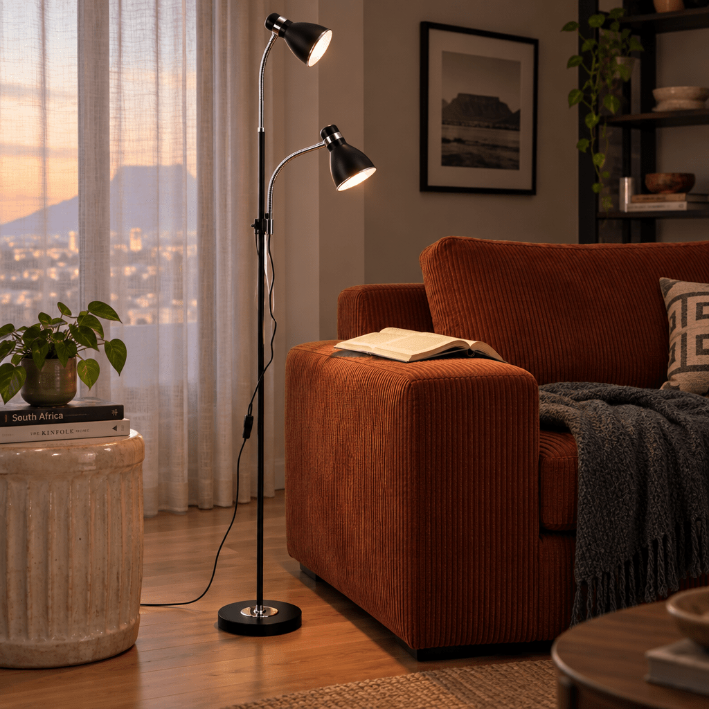 Black & Chrome Floor Lamp with Gooseneck Arms