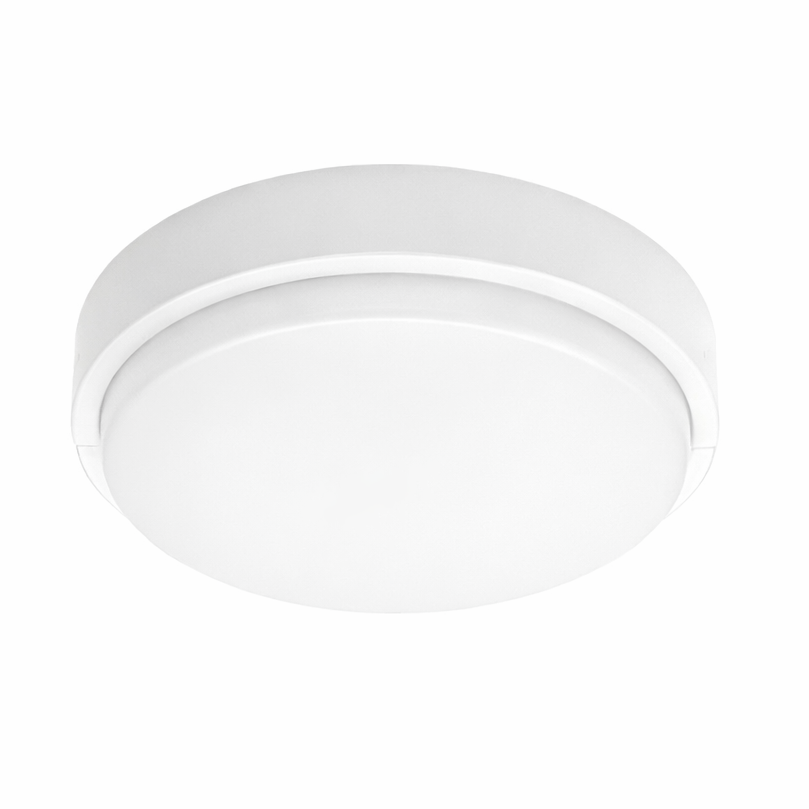Round white ceiling light fixture on a white background