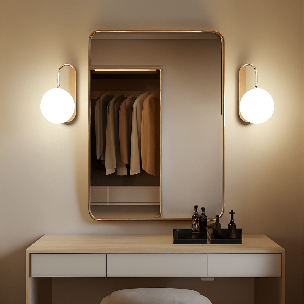 Modern dressing table with mirror and lights in a stylish room.