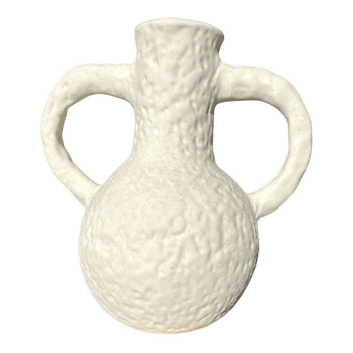 A textured white ceramic vase with two handles, featuring a rounded body and a narrow neck.