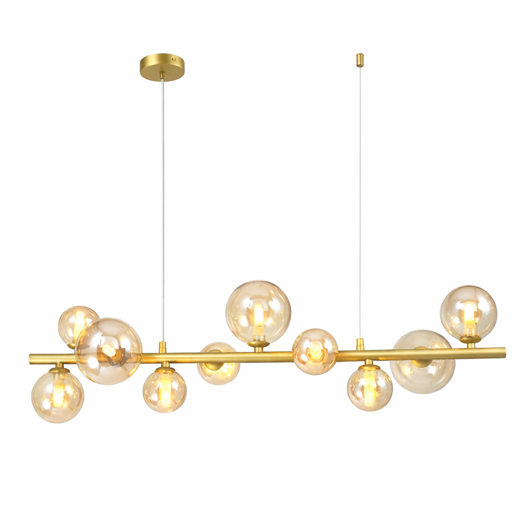 Gold pendant light fixture with multiple bulbs on a white background