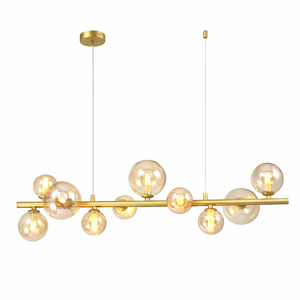 Gold pendant light fixture with multiple bulbs on a white background