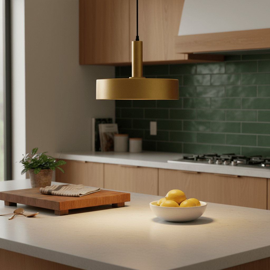 Sombre Gold Pendant light hanging above a kitchen island with a bowl of lemons and wooden cutting board.