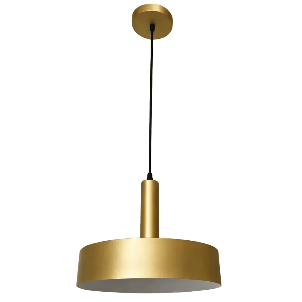 A gold pendant light with a circular shade and a black hanging cord, suspended from a round ceiling mount.
