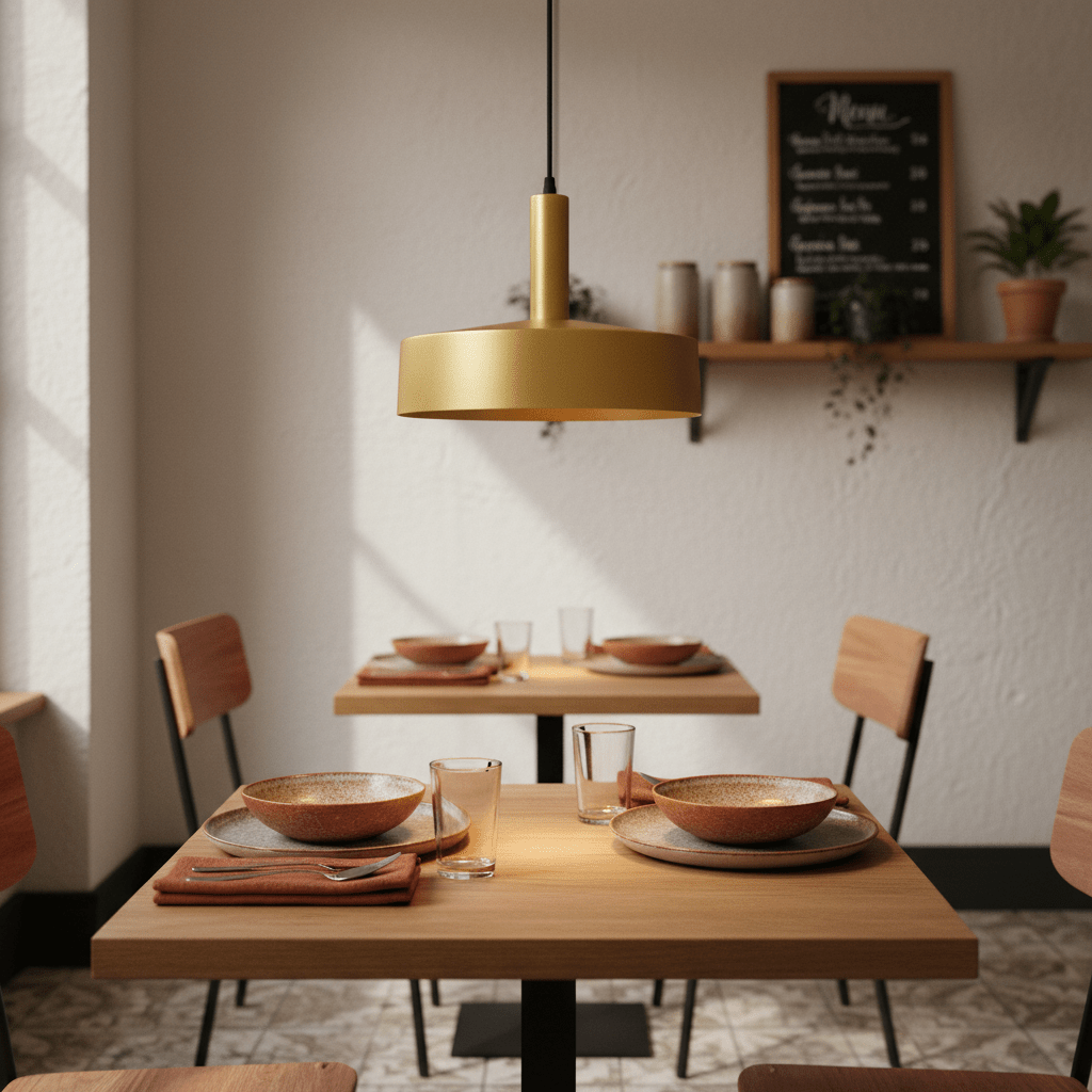 Sombre Gold Pendant light hanging over a dining table set with bowls and glasses in a cozy restaurant setting.